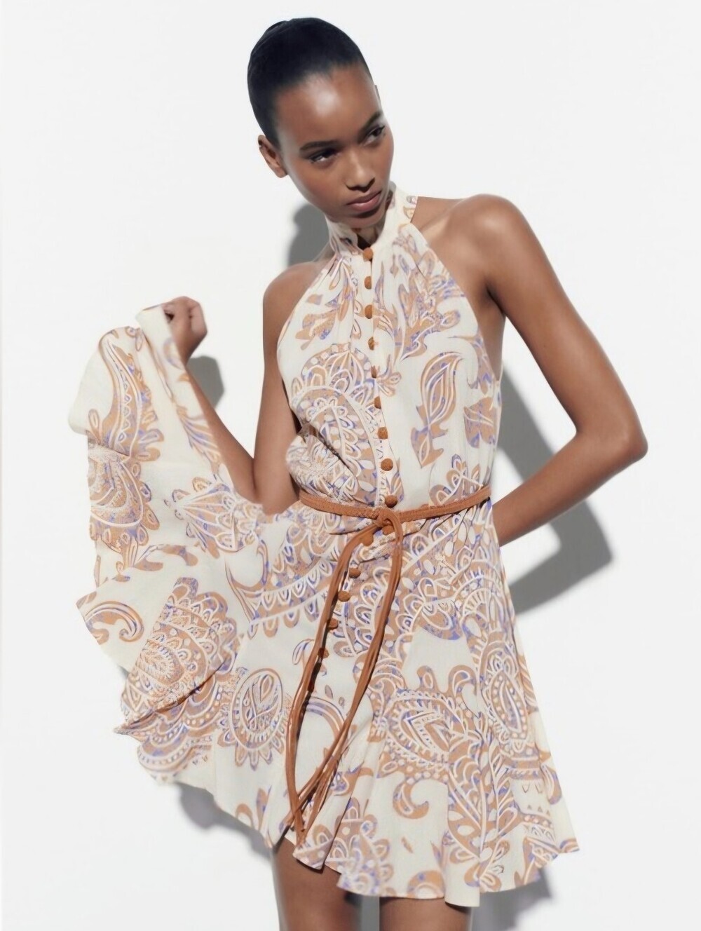 Zara Boho Cream Paisley Sleeveless Mini Dress Rope Belt Crochet Buttons, Size M